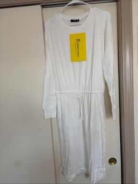 White Long Sleeve Drawstring Waist Dress - Unbranded